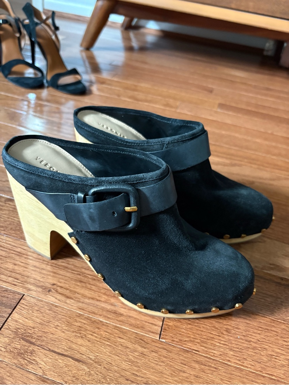 Veronica Beard Black Suede Wood-Block Clog Mule with Buckle